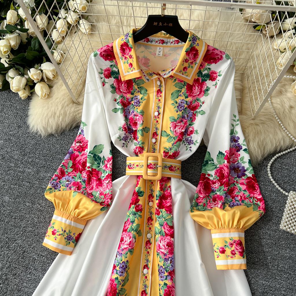 Весенние женские винтажные принты с отложным воротником, однобортная рубашка, длинные макси, праздничные пляжные платья с поясом