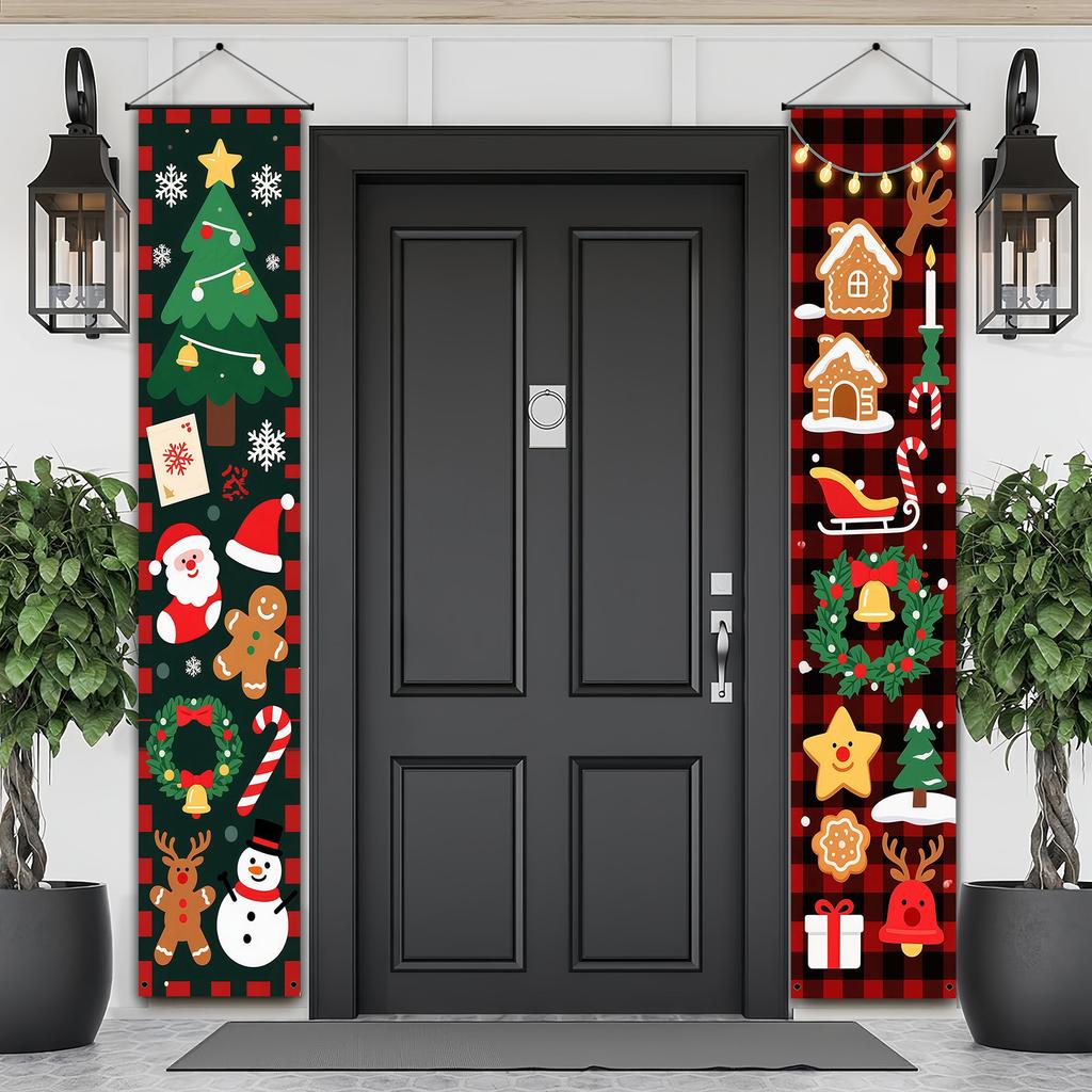 Merry Christmas Door Banner Bunting Plaid Cartoon Element 1 Pair 30x180cm Indoor Outdoor Decor