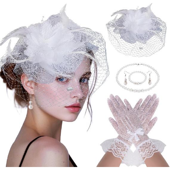 5Pcs Tea Party Hat and Gloves Set for Women, Fascinators Hats with Short Lace Gloves Pearl Necklace Bracelet Earrings