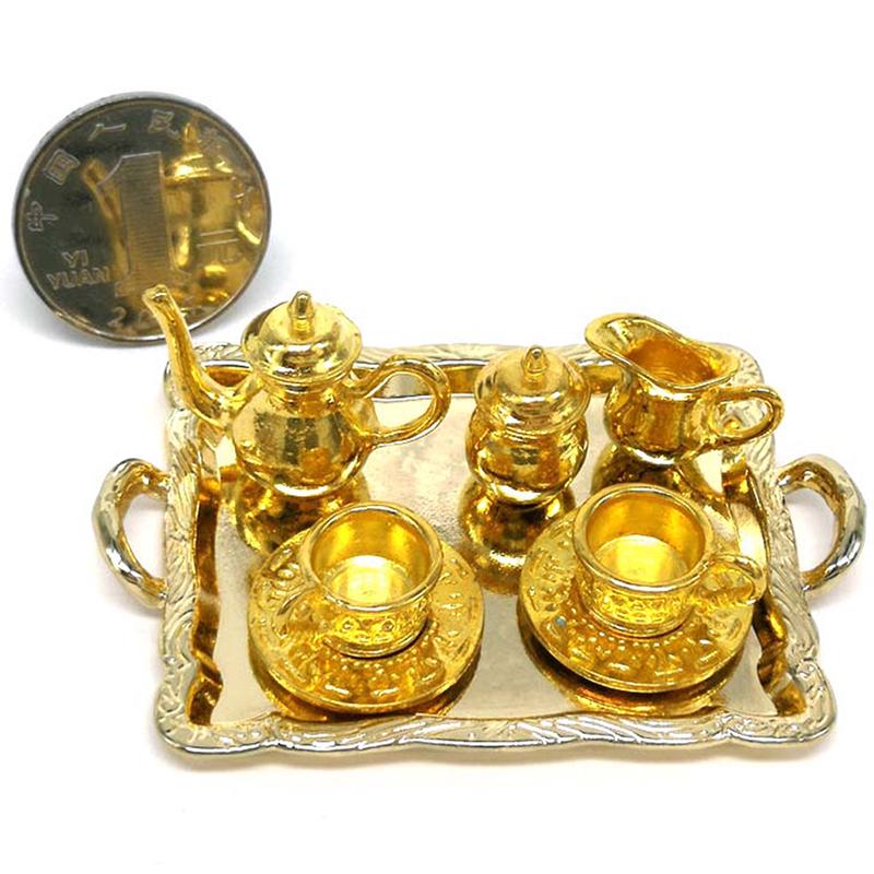10Pcs 1: 12 Dollhouse Miniature Furniture Accessories Dining Ware Metal Tea Cup Plate Model Set For Doll House Decor Pretend Toy