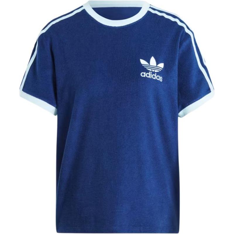 adidas Оригинальная однотонная футболка с круглым вырезом и тремя полосками с короткими рукавами, женские топы, синий IR7465