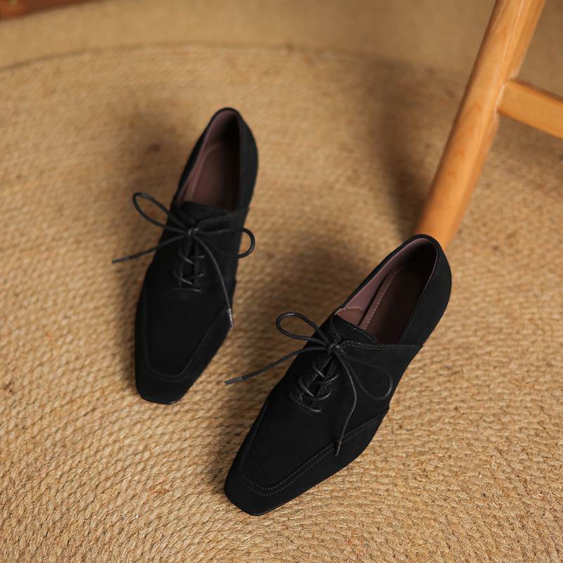 Krazing Pot Sheep Suede Autumn Winter Shoes Stiletto Med Heels Lace Up Size 43 Size 42 Pointed Toe Deep Mouth Pumps