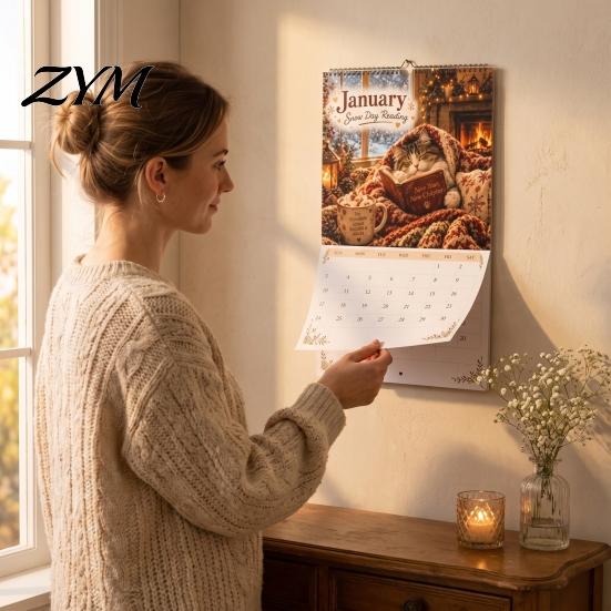 Academic Year Schedule Cats Chillin' with Book 2027 Calendar, 12 Month Monthly Planner, Thick Important Date Tracker Paper Daily Planning Wall