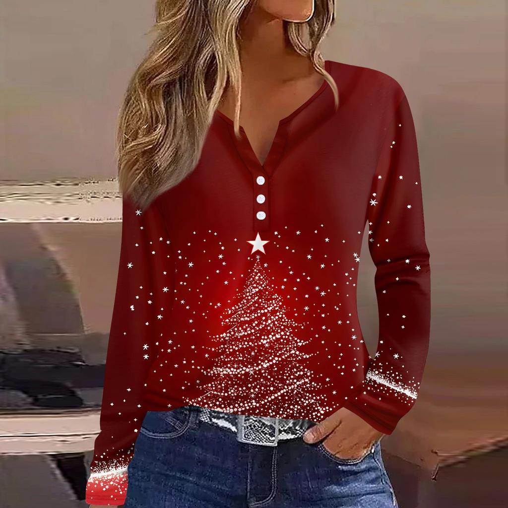 Женская футболка с рождественским принтом на пуговицах с длинным рукавом, повседневная, выходного дня, модная, базовая, с V-образным вырезом, обычная