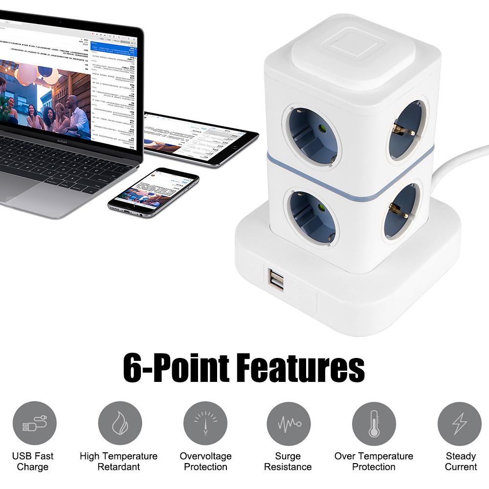 Переключатель защиты от перегрузки, вертикальный, 8-позиционный, розетка, многофункциональный удлинитель, вертикальный, 3/1,8 м, удлинитель с 2 USB-вилками европейского стандарта