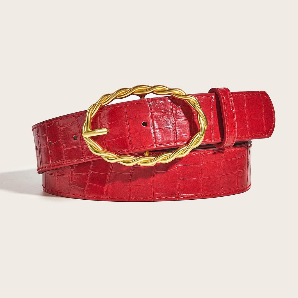 Grain Stone Womens Pu Leather Belt With Twists Oval Metal Buckle Everyday For