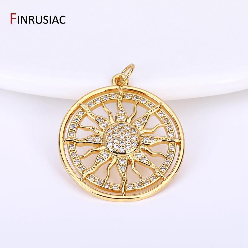14K Gold Plated Round Sun Charms Brass Inlaid Zircon Sun Pendants For DIY Nacklace Making Jewelry Making Accessories