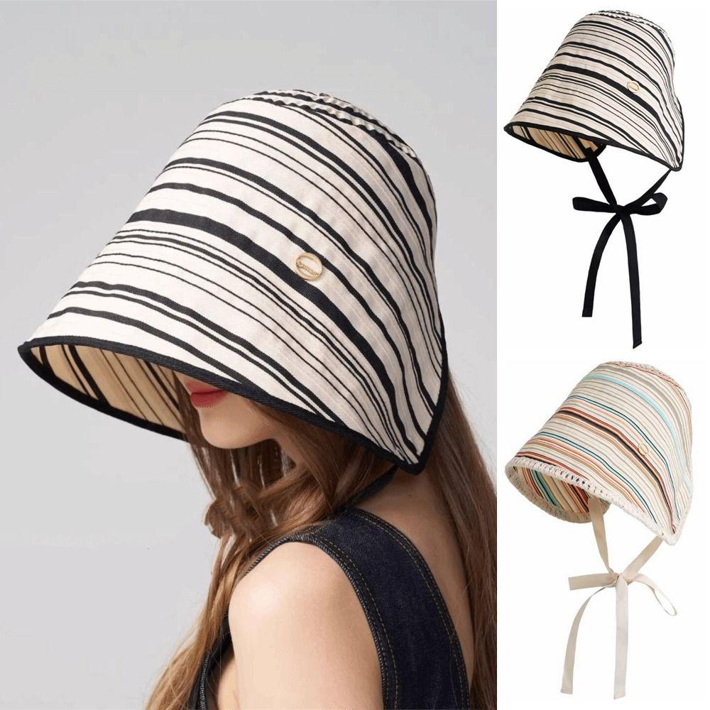 Wide Brim Women Striped Fisherman Hat Solid Color Bucket Hat Casual Sunscreen Visor Cap Camping