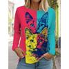 Круглый вырез с принтом 3D Cat Top Модные повседневные длинные рукава женские футболки
