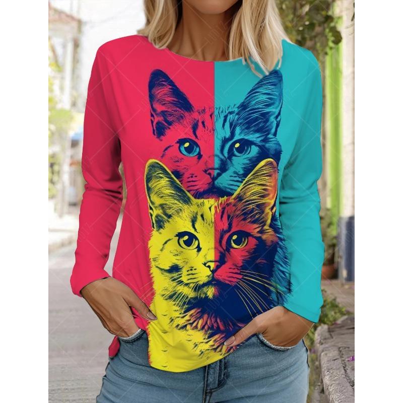 Круглый вырез с принтом 3D Cat Top Модные повседневные длинные рукава женские футболки