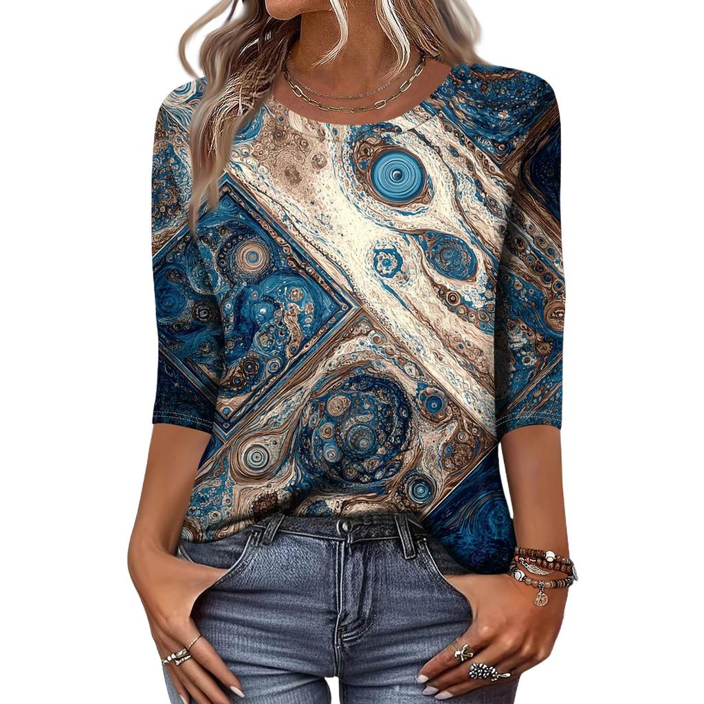 Trendy Vintage 3/4 Sleeve Top For Women ,Ladies Casual Three Quarter Sleeve Round Collar Printed T-Shirt Blouse