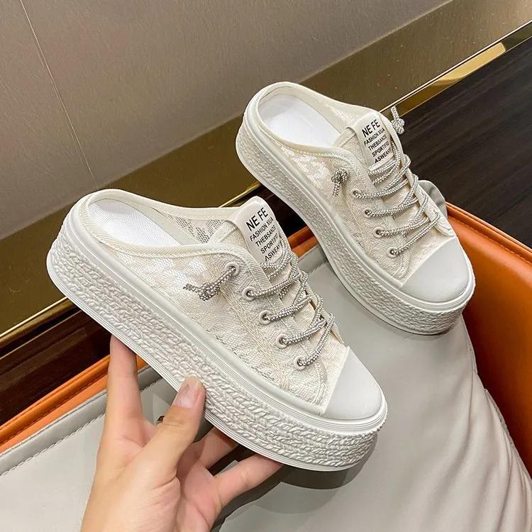 Летние закрытые полутапочки для женщин, сетчатые, без каблука, ленивые, парусиновые туфли, повседневные сандалии