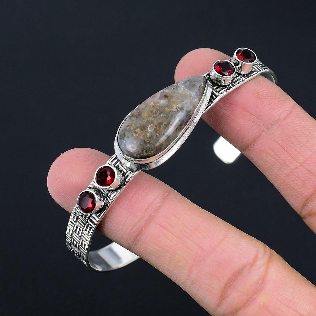 Womens day Sale Pear Moss Agate Gemstone Garnet Wife Handmade Bangle 925 Silver