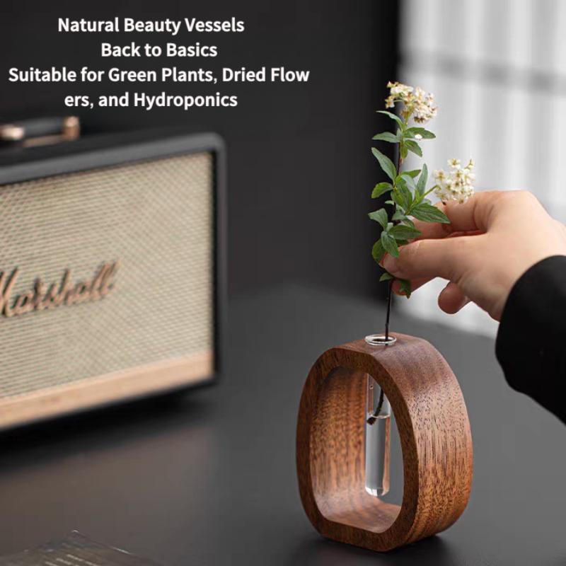 Walnut Wood Chinese-Style Solid Wood Flower Vase Desktop Glass Mini Hydroponic Flower Holder Luxury-inspired Elegant Decorative