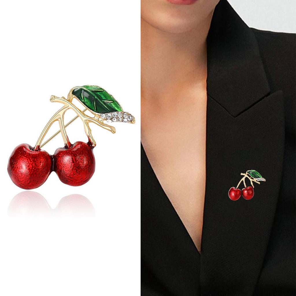 Chic Green Leaf & Red Cherry Enamel Brooch - Stylish Daily Accessory