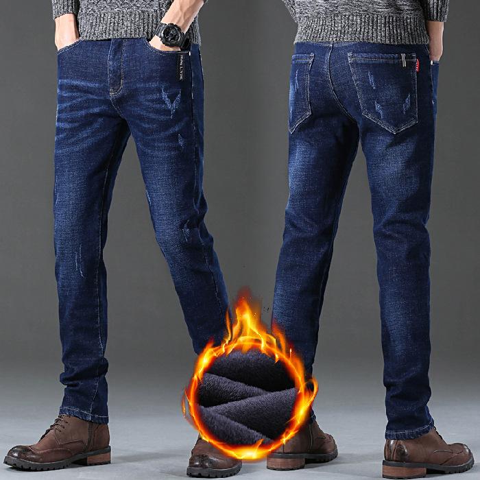 Осенне-зимние утепленные эластичные джинсы мужские Узкие прямые теплые джинсовые брюки мужские брюки tide