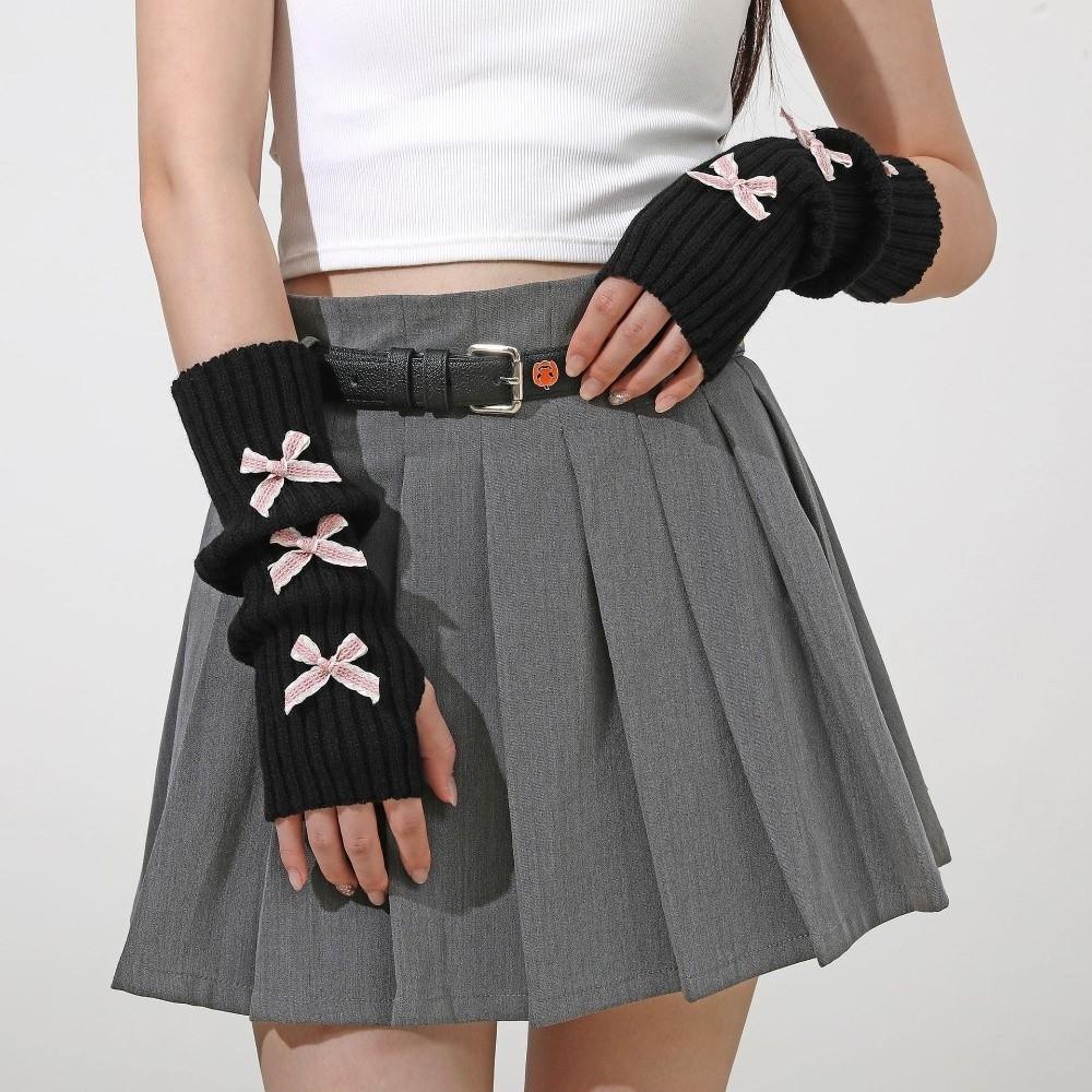 Y2K Bow Fingerless Gloves Thicken Hands Free Gloves Fashion Long Knit Arm Warmers Autumn