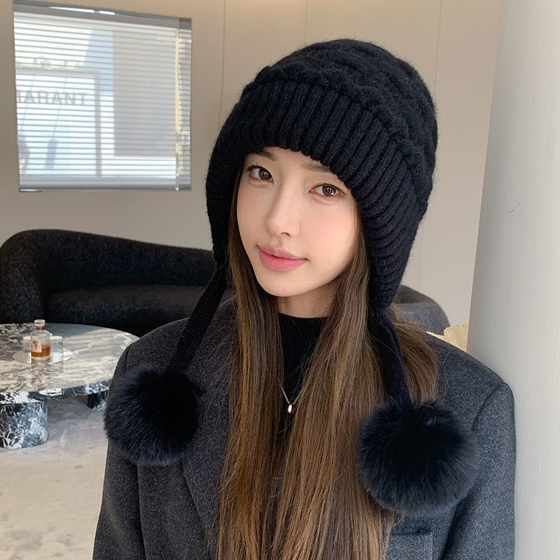 Wool Hat Women's Winter Plush Thickened Hairball Ear Protection Warm Hat Cold-proof Knitted Hat
