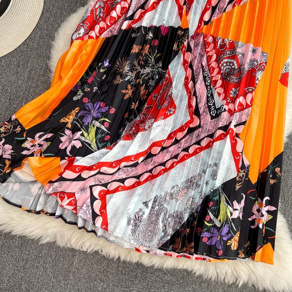 Летняя тонкая юбка средней длины выше колена с высокой талией и принтом, плиссированная юбка-трапеция с эластичной резинкой на талии, распашная юбка