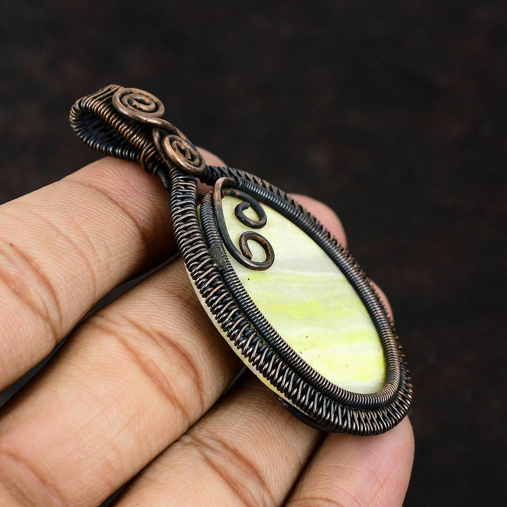 Кулон из желтого арагонита, обернутый медной проволокой, Дизайнерское украшение, Кулон ручной работы, Кулон с драгоценным камнем, Подарок для него