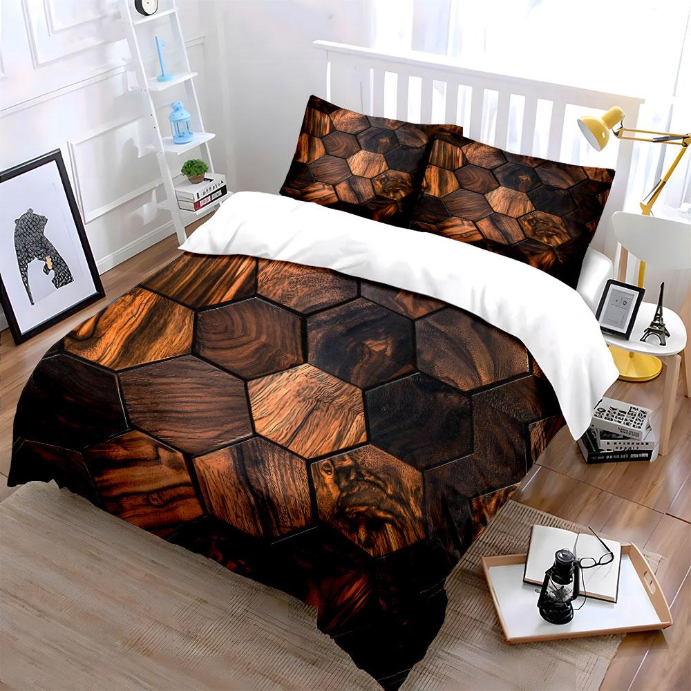 3Pcs Wood Hexagon Bedding Set,Brown Wooden Geometric Pattern Print Duvet Cover + 2 Pillowcases,Rustic Natural Style for Bedroom