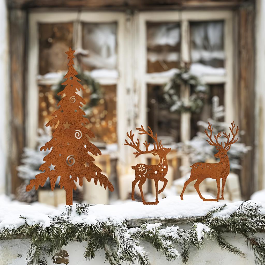 3-Piece Wrought Iron Christmas Tree and Deer Garden Decoration Stakes, Christmas Garden Decoration, Outdoor Courtyard Christmas Dec