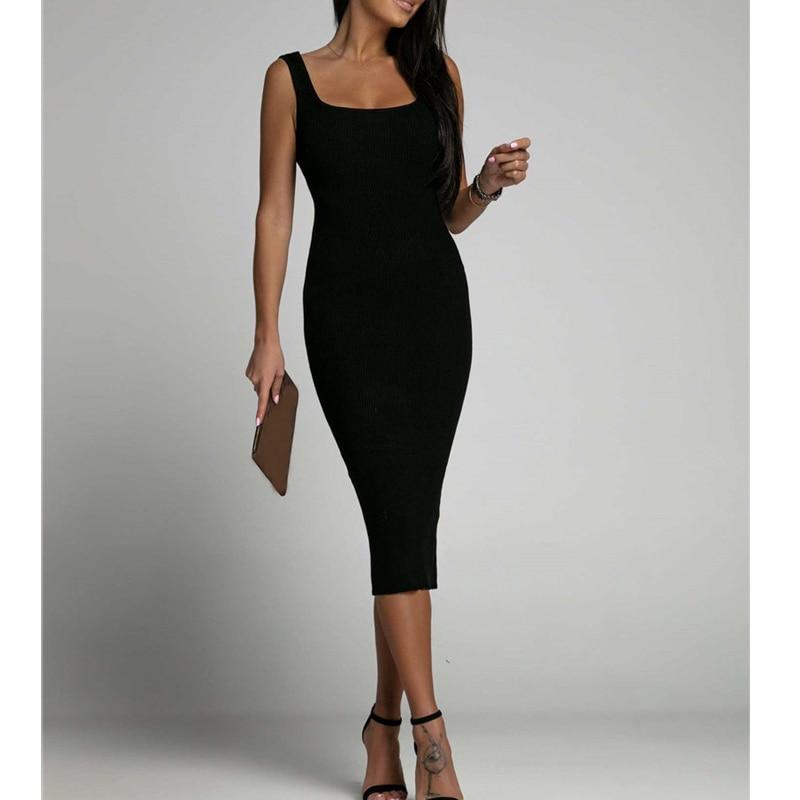 Летнее модное вязаное в рубчик простое черно-белое облегающее клубное платье без рукавов, базовое платье миди для женщин, повседневные элегантные сексуальные женские платья