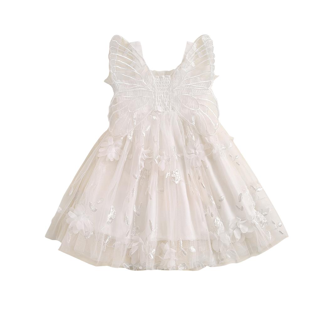 Baby Girls Sleeveless Dress Summer 3D Flowers Cute Tulle A-Line Dress with Butterfly Wing for Beach Party Cute Clothes