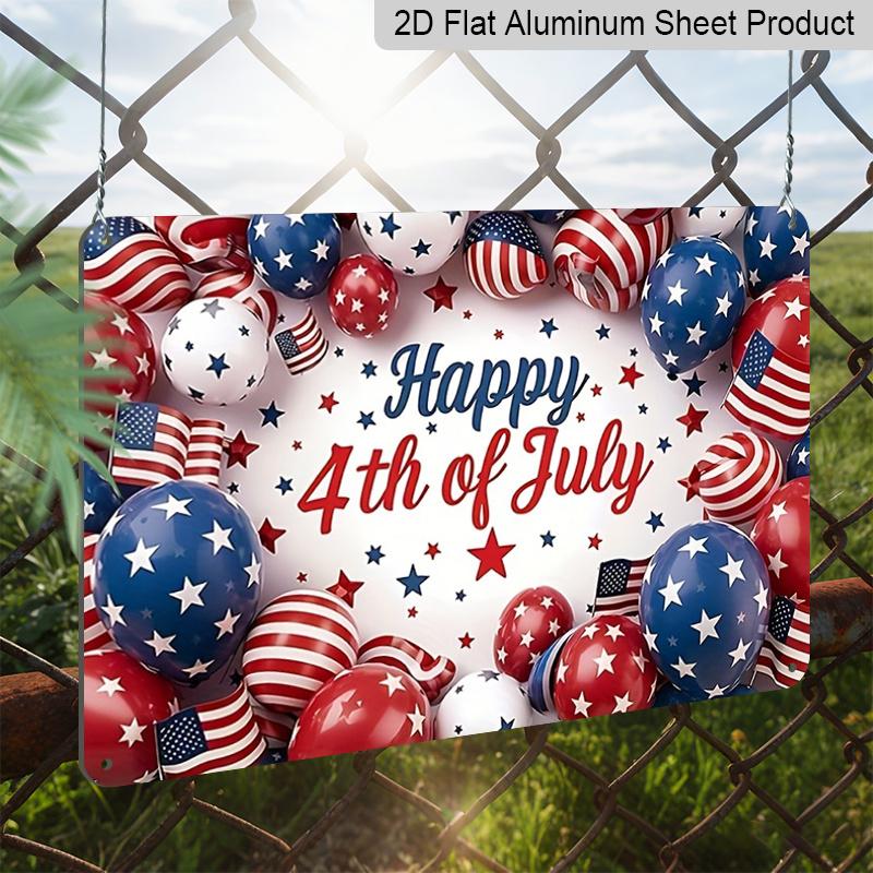 2D Flat, 1pc "Happy Independence Day" Patriotic Plaque, 12"×8" - Red White & Blue Balloon Decor Sign - Aluminium Wall Hanging Decoration for Holiday