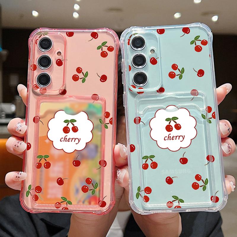 Cherry Print Card Slot Clear Soft Silicone Case For Samsung S25 Ultra S24 FE S23 S22 A36 A56 A55 A16 A06 A15 A26 Slim Shockproof Phone Cover