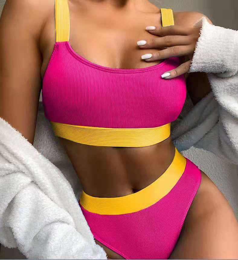 Купальник бикини европейского и американского стиля с высокой талией, однотонный, для женщин