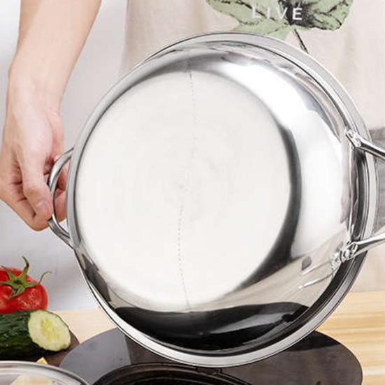 1 Set 30cm Double-Flavoured Pot with Lid Binaural Anti-scalding Stainless Steel Induction Cooker Compatible Single-layer Thicken Soup Hot Pot