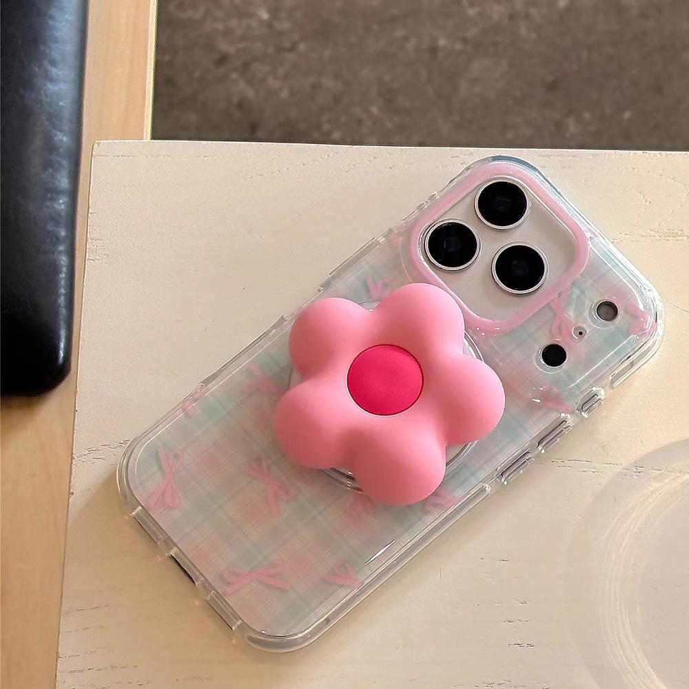 3D Flower Cute Pink Bowknot Magnetic Grip Tok Phone Case for iPhone 16 15 14 17 Pro Max Wireless Charge Girl Cover for Magsafe
