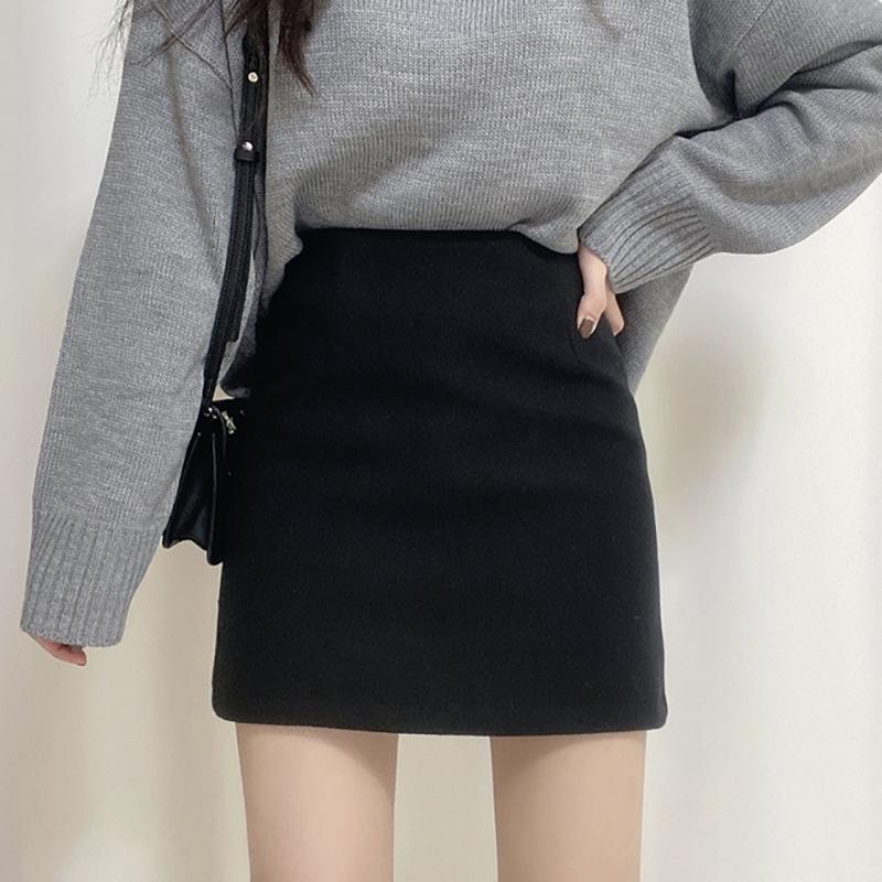 Women's High Waist Black Wool Skirt - Autumn/Winter 2024: Slim, Sexy A-Line Design