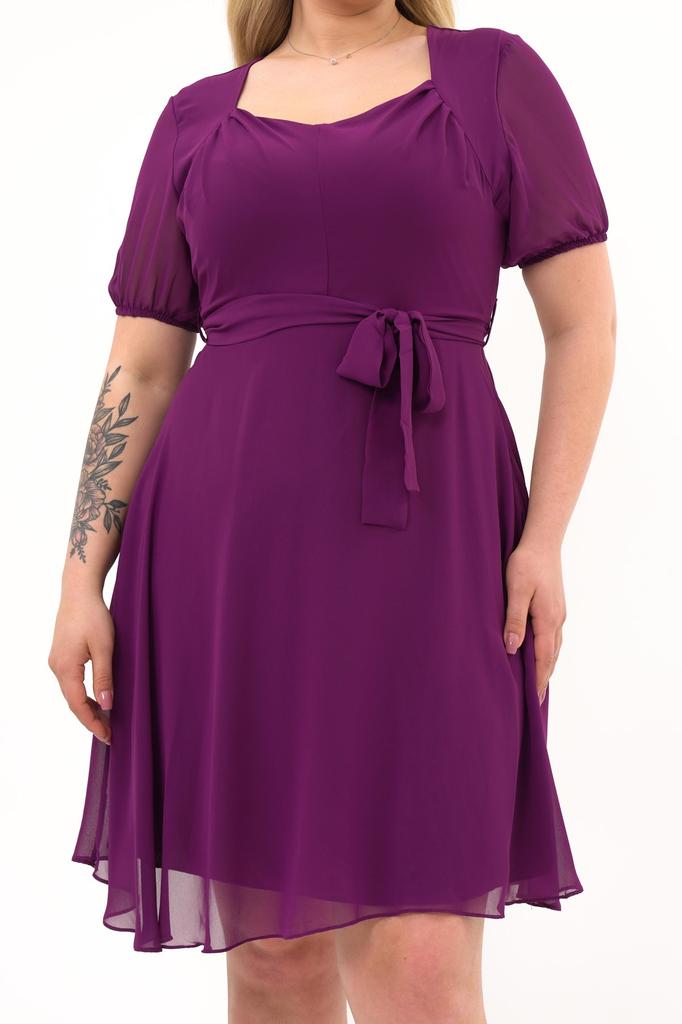 Women's Square Neck Pleated Detail Short Sleeve Midi Length Chiffon Dress 4469/105