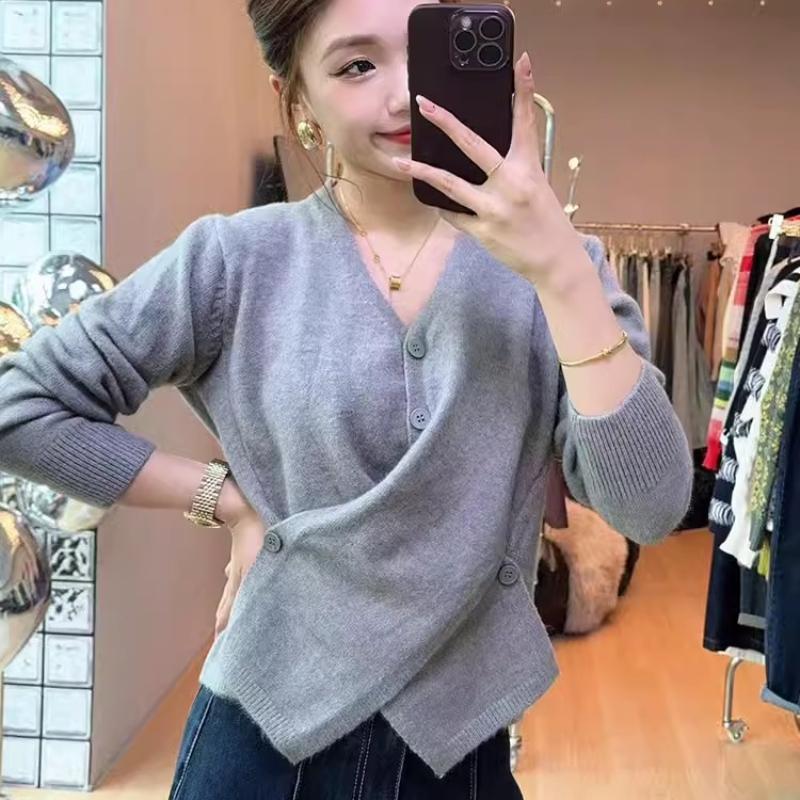 Стильный нерегулярный перекрестный кардиган с V-образным вырезом, осенний свитер, женский кардиган с длинным рукавом, женские вязаные свитера, зимние однотонные облегающие повседневные кардиганы 25308