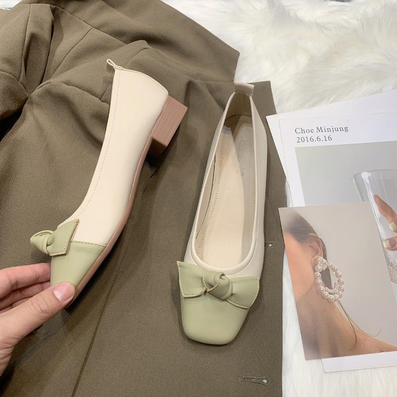 Модная женская обувь на толстом каблуке, одинарная обувь, осень, новинка, квадратный носок, открытый верх, сочетающиеся цвета, бант-бабочка, нескользящая обувь с низким верхом