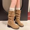 Fashion 2024 Spring and Autumn Hot Selling Women's Boots Fashion Round Toe Solid Color Medium Heel Buckle Sleeve Women's High Boots