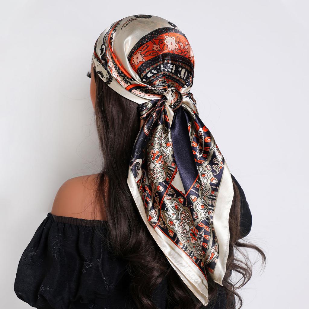 New 90*90cm Retro Brand Women Silk Scarf Bandanna Fashion Bohemian Pattern Square Hijab Lady Wrap Headband Foulard Muffler