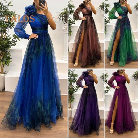 Женское вечернее платье с 3D-цветочным декором на одно плечо, плиссированное, сетчатое, банкетное платье, одно плечо, длинный рукав, тонкая талия, А-силуэт, длина до пола, разрез, подол, шар