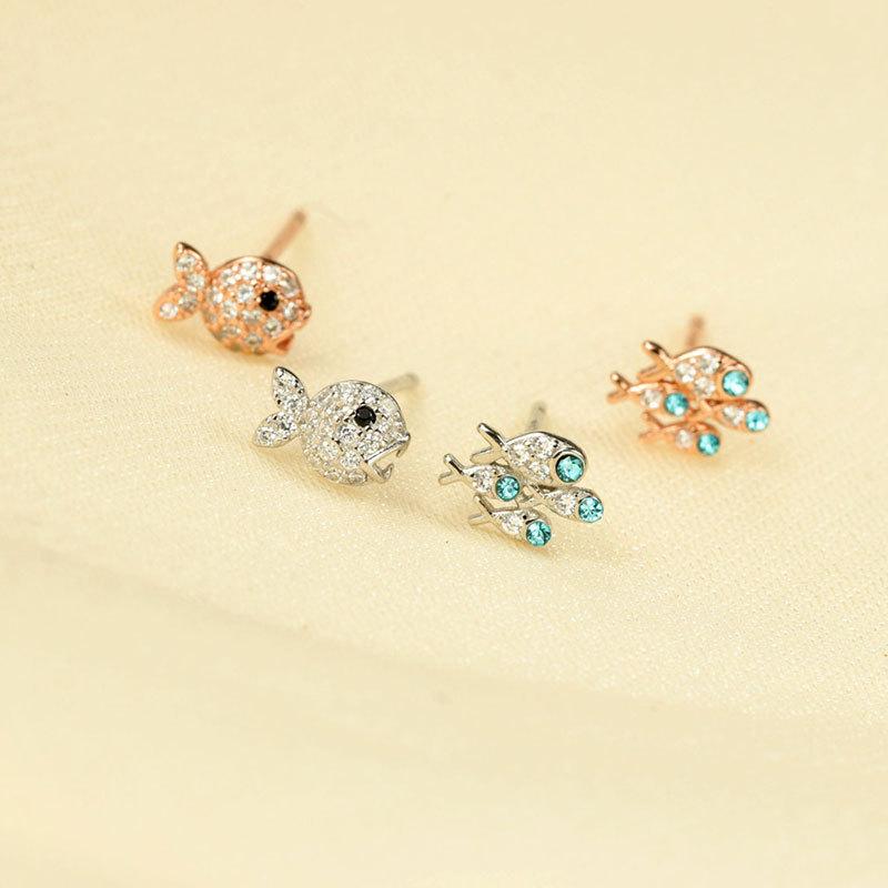 Серьги-рыбки полностью из бриллиантов, асимметричный дизайн, милые женские модные серьги
