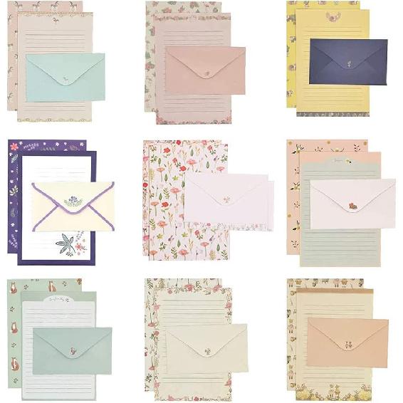81pcs Stationary Paper and Envelopes Set, Contain 54 stationery paper and 27 envelopes, writing paper stationery set, 9 Different Style