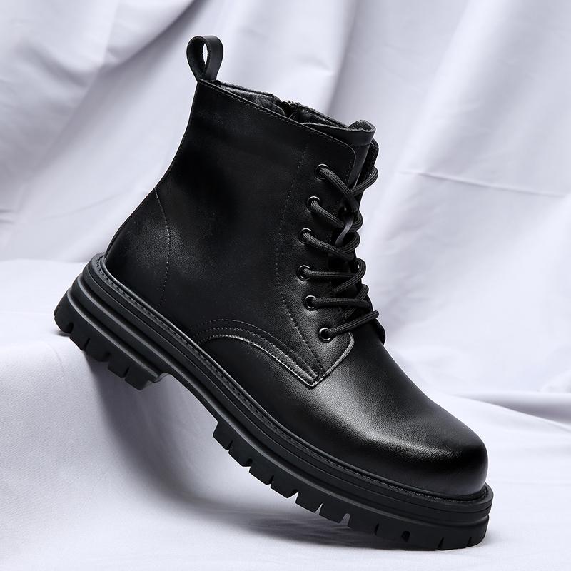 Модные повседневные мужские ботинки из искусственной кожи на шнуровке с толстой подошвой и круглым носком, модные британские повседневные ботинки с защитой от скольжения, мотоциклетные ботинки