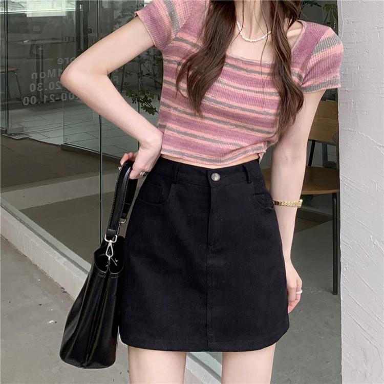 Юбка средней длины, летний студенческий стиль работы, завернутые ягодицы, высокая талия, короткая юбка-трапеция, модная женская одежда