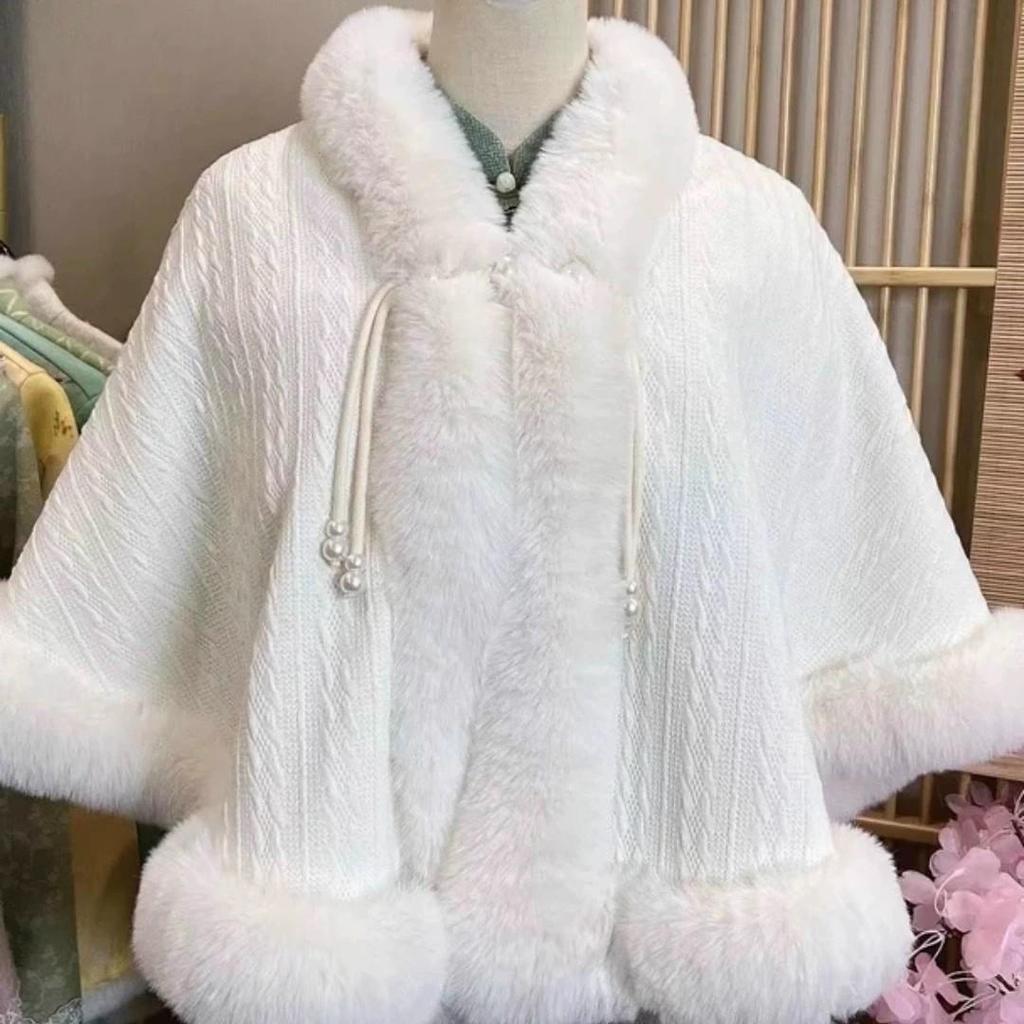 931# Женский универсальный плащ ципао: Шаль с воротником из искусственного меха выдры, на флисовой подкладке, утолщенная для тепла