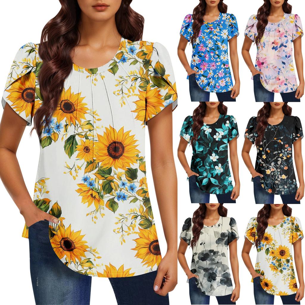 Women's Fashionable Round Neck Short Sleeve Printed Casual Basic Pleated Pullover T-shirt Top