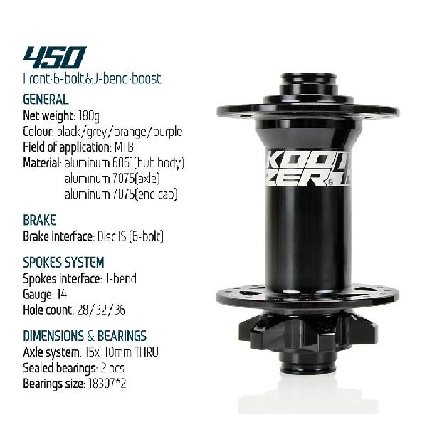 Koozer 450 Boost Front Hub TA 15x110 Thru Axle Hub 28H 32 Holes 6 Bolts Disc 2 Sealed Bearing Light Bike Parts Bicycle Hubs