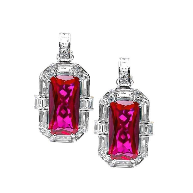 Heavy Industry Luxury High-end Rectangle Red Corundum Pendant Inlaid with High Carbon Diamond Blue Spinel Ring Earrings, Women