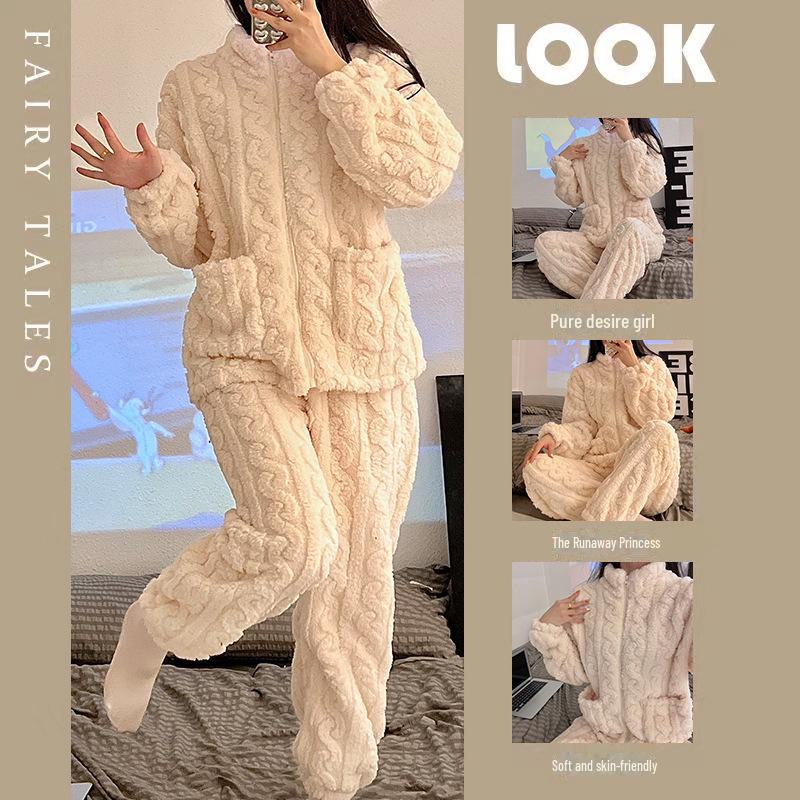 Женский фланелевый пижамный комплект на молнии — высокий воротник, плотный теплый флисовый костюм кораллового цвета для осени и зимы.