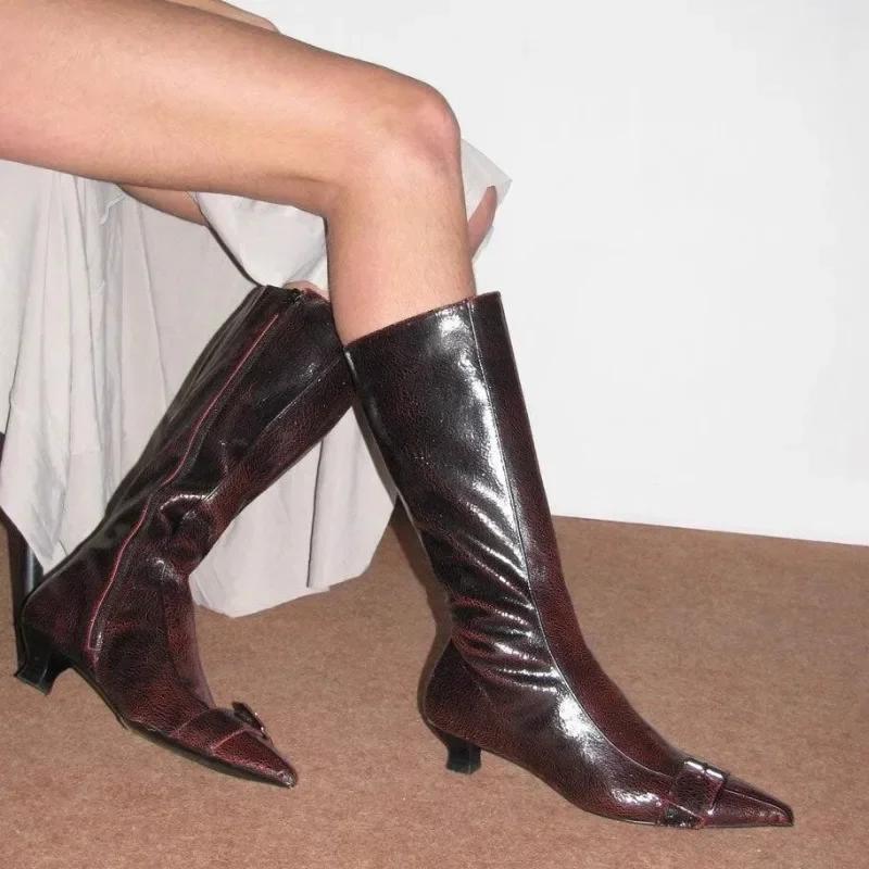 Дизайнерские Зимние Женские Высокие Сапоги Модные Сапоги с Острым Носком Длинные Сапоги Обувь Женские Элегантные Изысканные Женские Ботильоны в Рыцарском Стиле